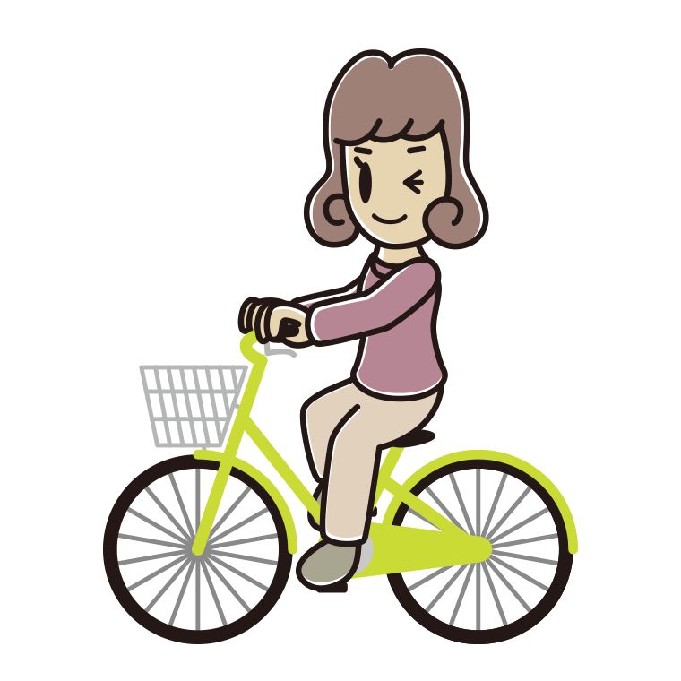 自転車に乗ってウインクする女子大学生のイラスト【色あり、背景なし】透過PNG