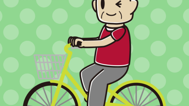 自転車に乗ってウインクするおじさんのイラスト【色、背景あり】PNG