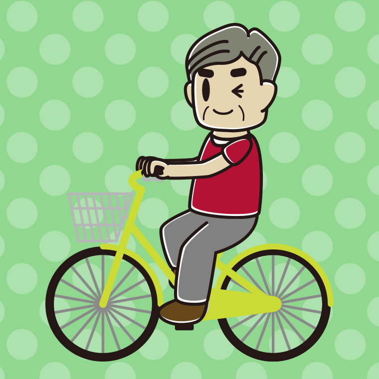 自転車に乗ってウインクするおじさんのイラスト【色、背景あり】PNG