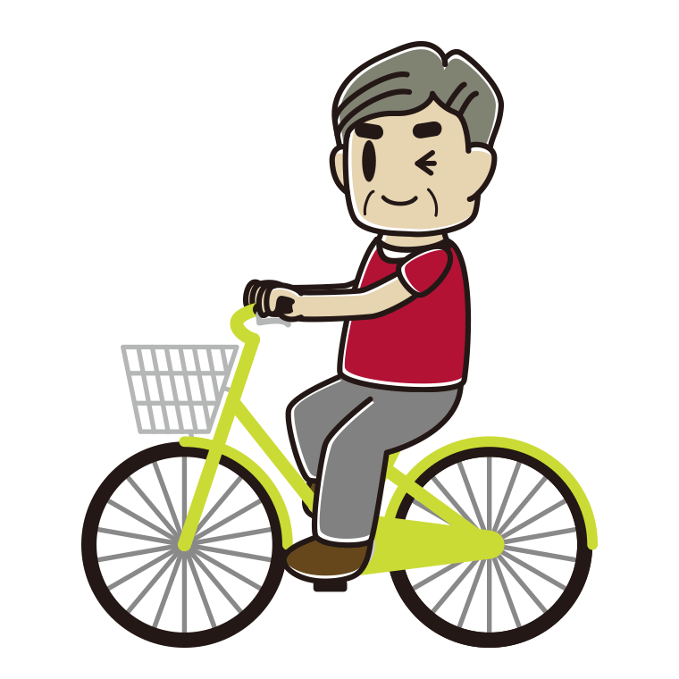 自転車に乗ってウインクするおじさんのイラスト【色あり、背景なし】透過PNG