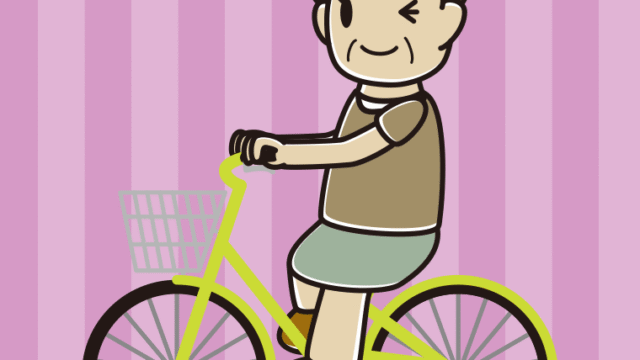 自転車に乗ってウインクするおばさんのイラスト【色、背景あり】PNG