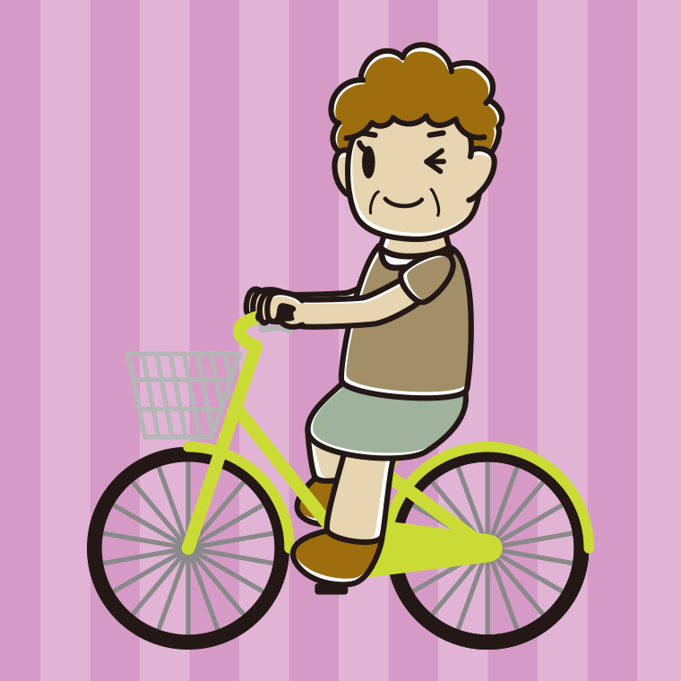 自転車に乗ってウインクするおばさんのイラスト【色、背景あり】PNG