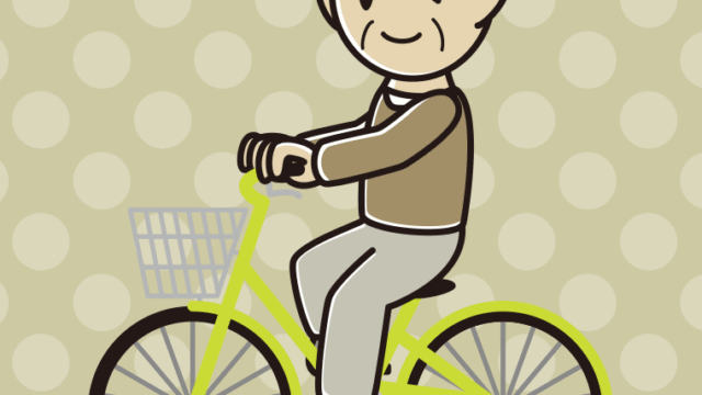 自転車に乗ってウインクするおじいさんのイラスト【色、背景あり】PNG