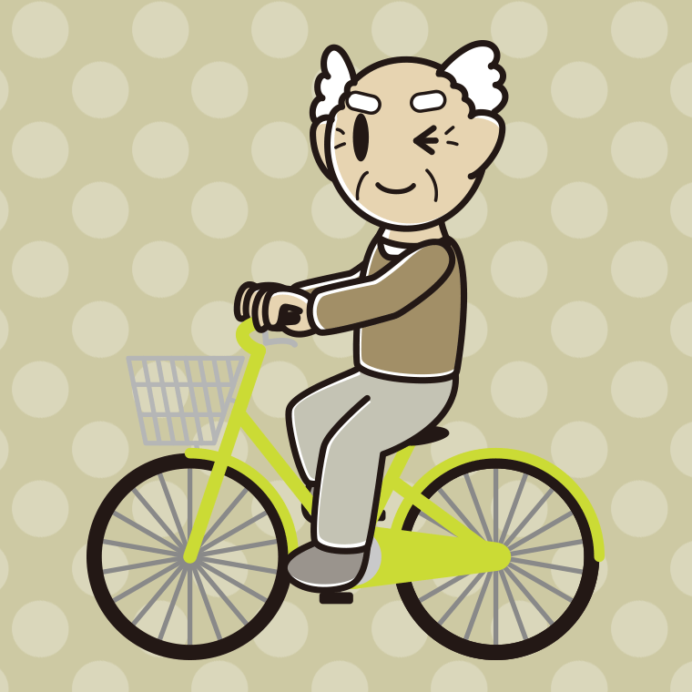 自転車に乗ってウインクするおじいさんのイラスト【色、背景あり】PNG