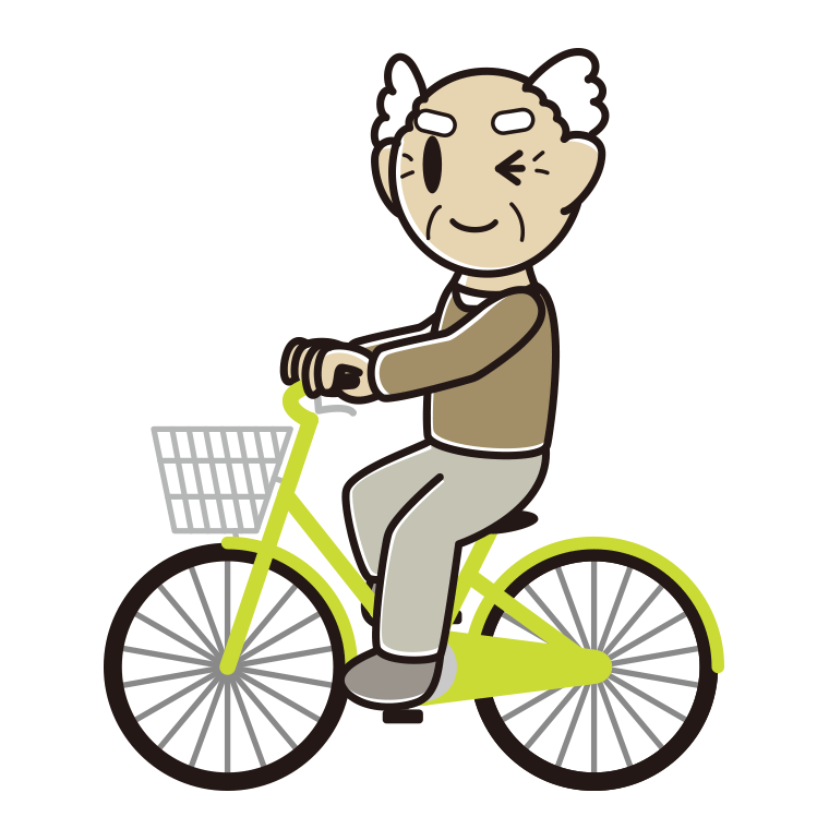 自転車に乗ってウインクするおじいさんのイラスト【色あり、背景なし】透過PNG
