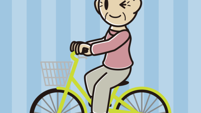 自転車に乗ってウインクするおばあさんのイラスト【色、背景あり】PNG