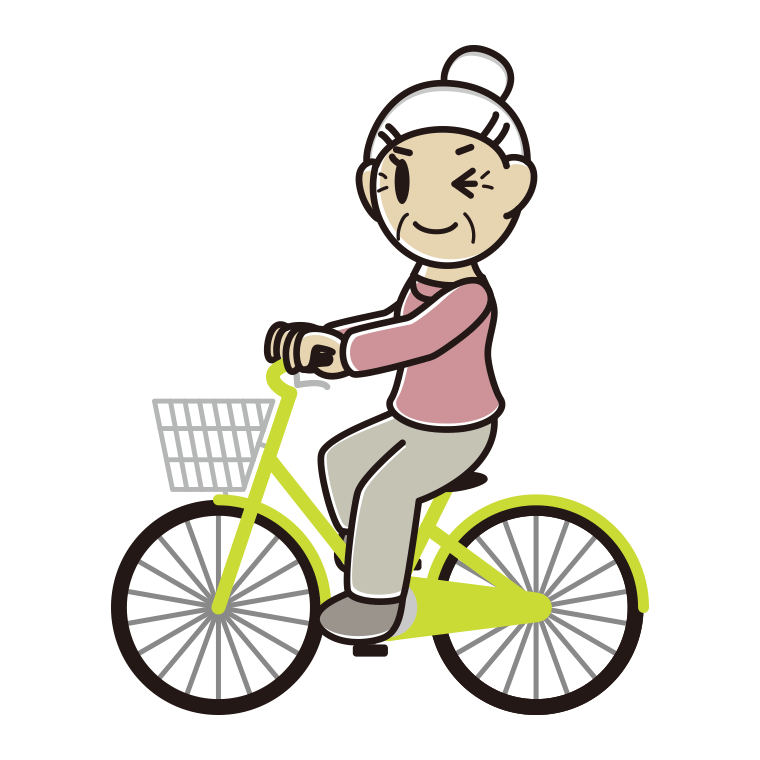 自転車に乗ってウインクするおばあさんのイラスト【色あり、背景なし】透過PNG