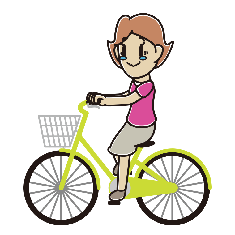 自転車に乗ってジーンとする女性のイラスト【色あり、背景なし】透過PNG