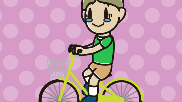 自転車に乗ってジーンとする小学生男子のイラスト【色、背景あり】PNG