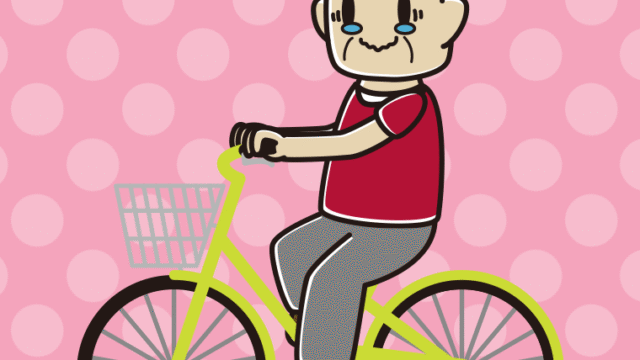 自転車に乗ってジーンとするおじさんのイラスト【色、背景あり】PNG