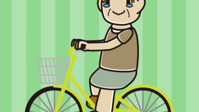 自転車に乗ってジーンとするおばさんのイラスト【色、背景あり】PNG