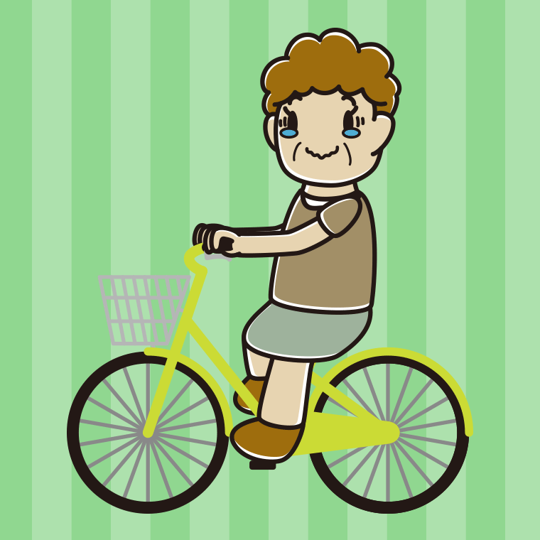 自転車に乗ってジーンとするおばさんのイラスト【色、背景あり】PNG