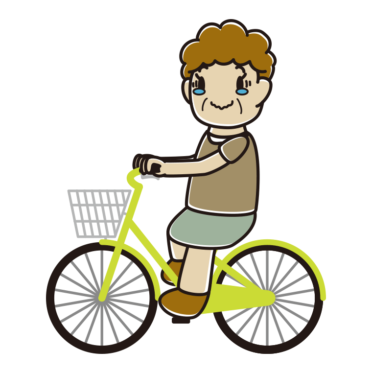 自転車に乗ってジーンとするおばさんのイラスト【色あり、背景なし】透過PNG