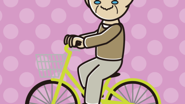 自転車に乗ってジーンとするおじいさんのイラスト【色、背景あり】PNG