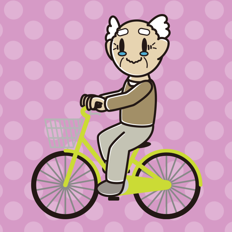 自転車に乗ってジーンとするおじいさんのイラスト【色、背景あり】PNG