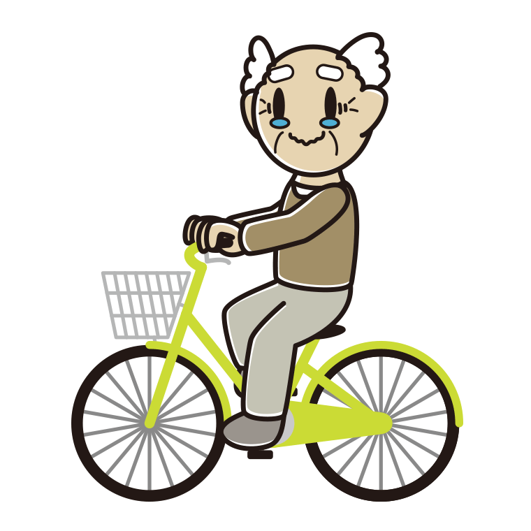 自転車に乗ってジーンとするおじいさんのイラスト【色あり、背景なし】透過PNG