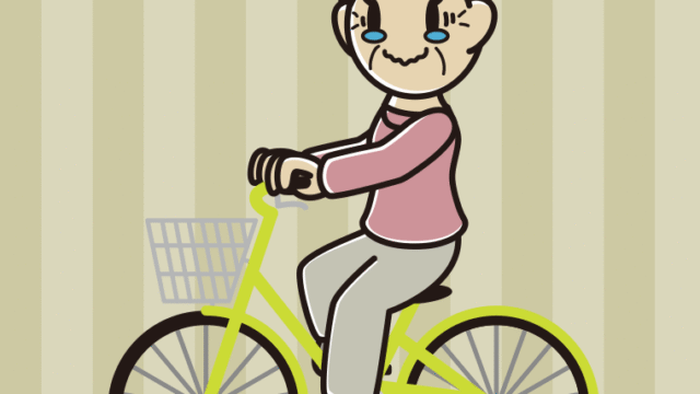 自転車に乗ってジーンとするおばあさんのイラスト【色、背景あり】PNG