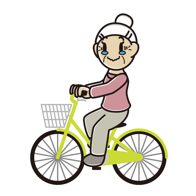 自転車に乗ってジーンとするおばあさんのイラスト【色あり、背景なし】透過PNG