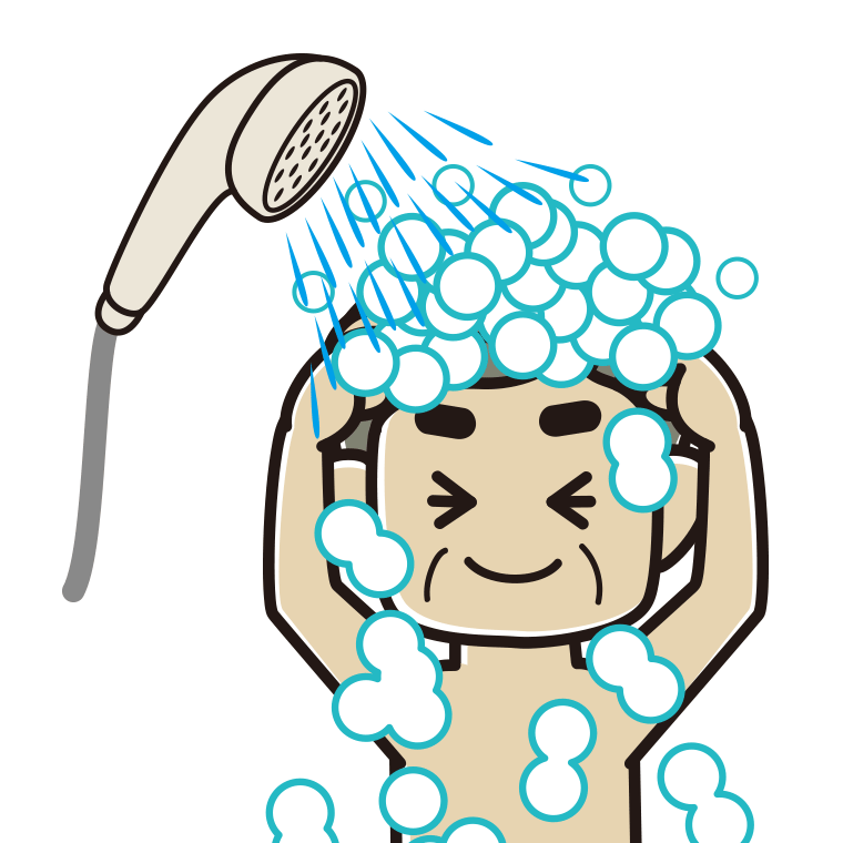 シャワーを浴びるおじさんのイラスト【色あり、背景なし】透過PNG