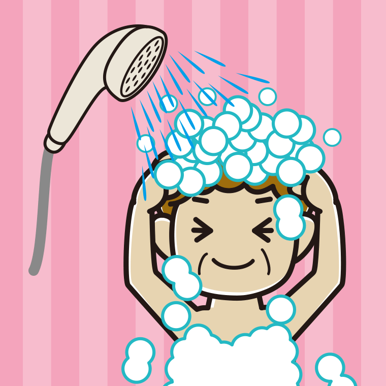 シャワーを浴びるおばさんのイラスト【色、背景あり】PNG