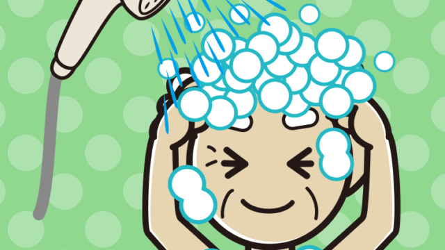 シャワーを浴びるおじいさんのイラスト【色、背景あり】PNG