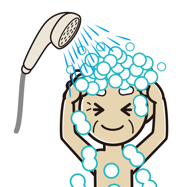 シャワーを浴びるおじいさんのイラスト【色あり、背景なし】透過PNG