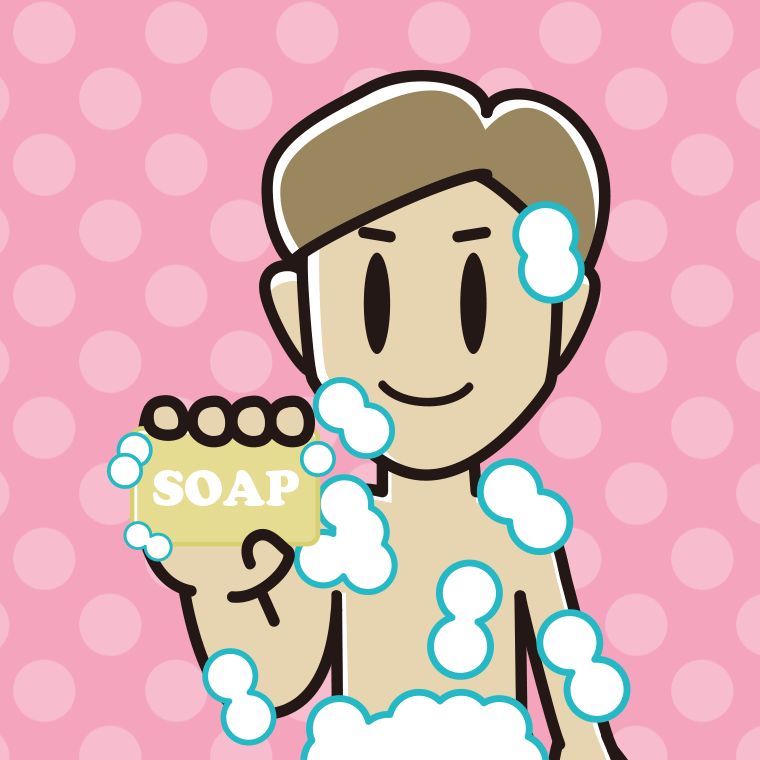 お風呂で石鹸を使う男性のイラスト【色、背景あり】PNG