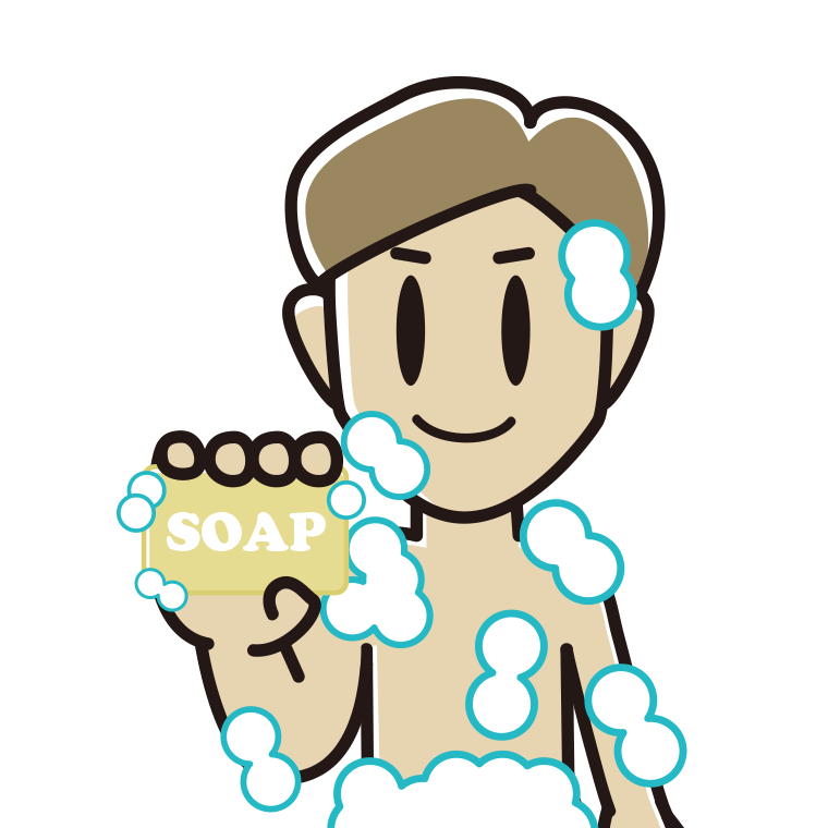 お風呂で石鹸を使う男性のイラスト【色あり、背景なし】透過PNG