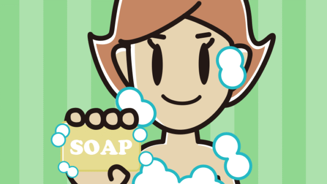 お風呂で石鹸を使う女性のイラスト【色、背景あり】PNG