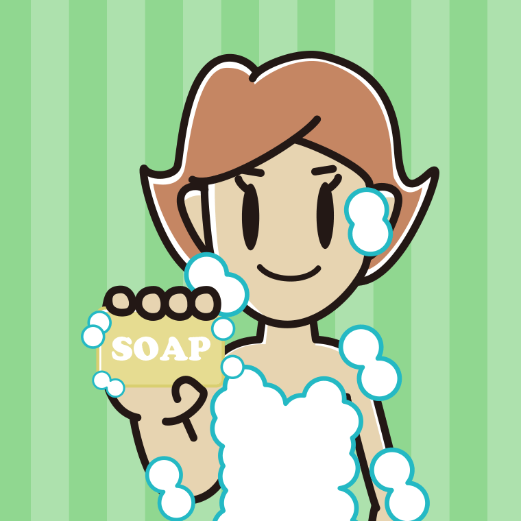 お風呂で石鹸を使う女性のイラスト【色、背景あり】PNG