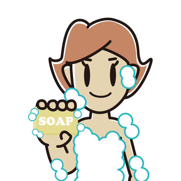 お風呂で石鹸を使う女性のイラスト【色あり、背景なし】透過PNG