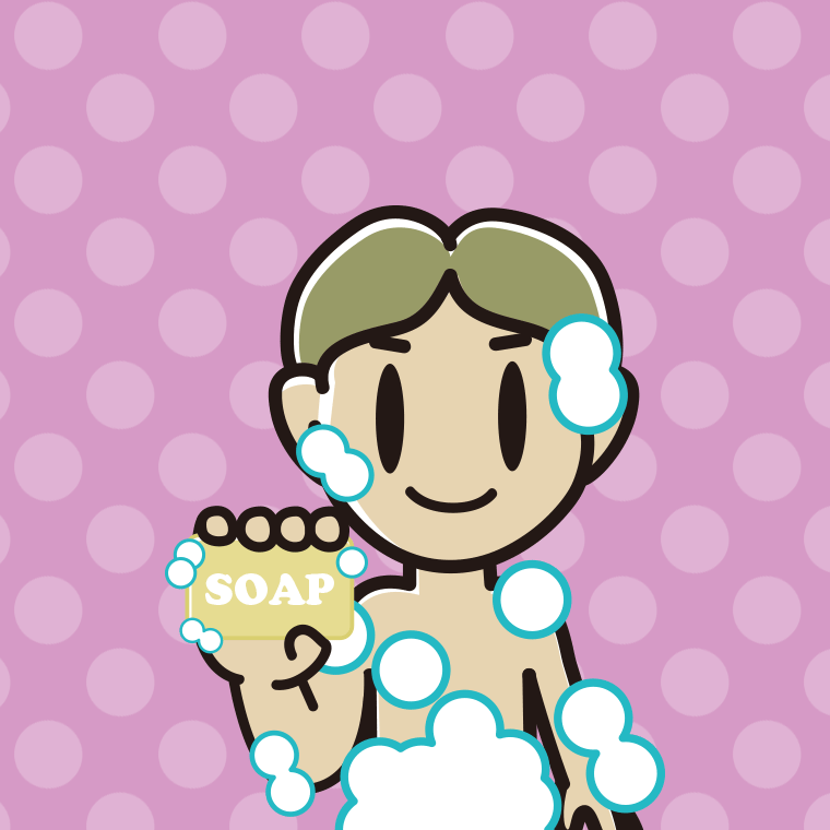 お風呂で石鹸を使う小学生男子のイラスト【色、背景あり】PNG