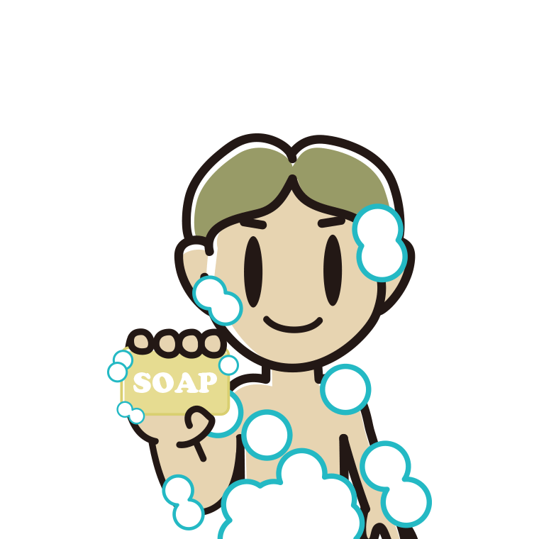 お風呂で石鹸を使う小学生男子のイラスト【色あり、背景なし】透過PNG