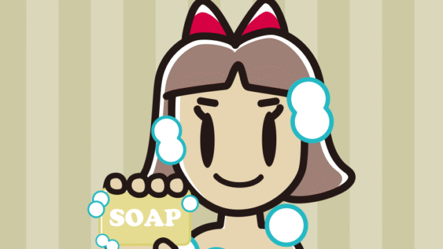 お風呂で石鹸を使う小学生女子のイラスト【色、背景あり】PNG