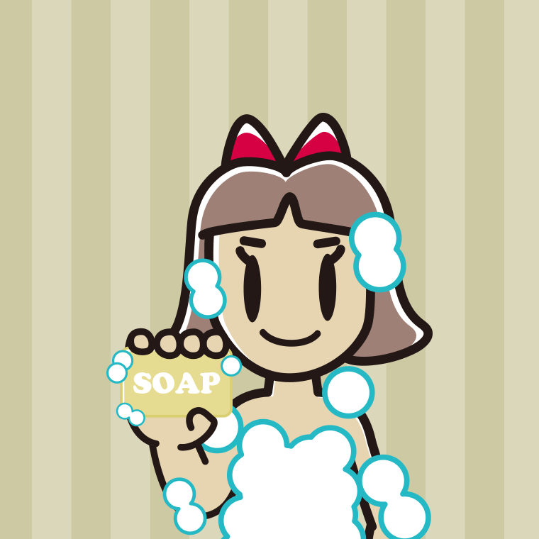 お風呂で石鹸を使う小学生女子のイラスト【色、背景あり】PNG