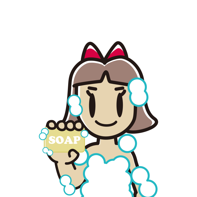 お風呂で石鹸を使う小学生女子のイラスト【色あり、背景なし】透過PNG