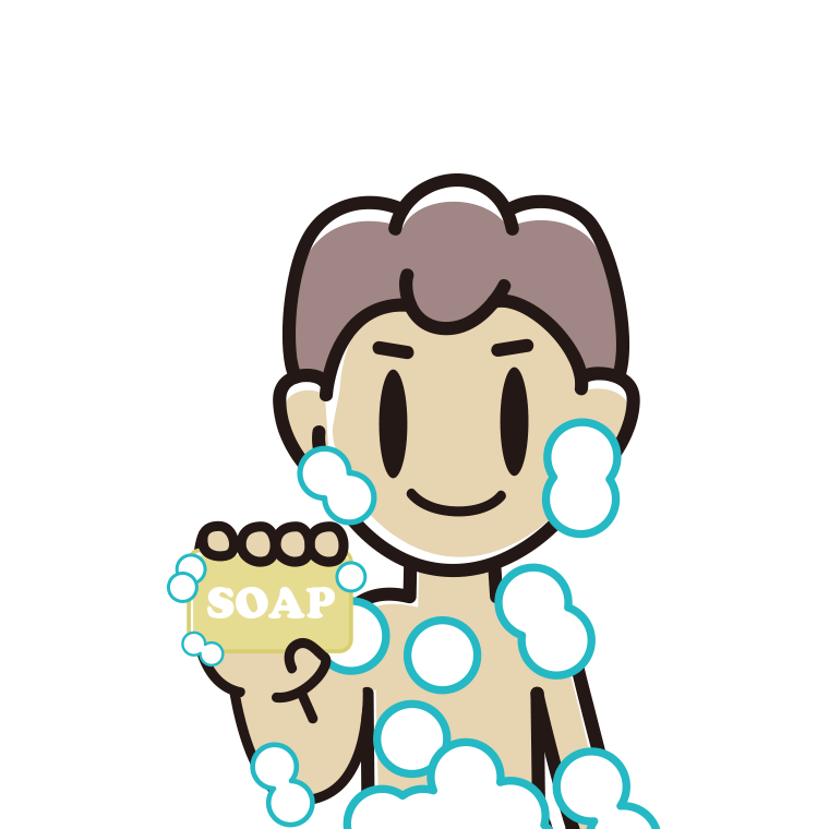 お風呂で石鹸を使う男子中学生のイラスト【色あり、背景なし】透過PNG