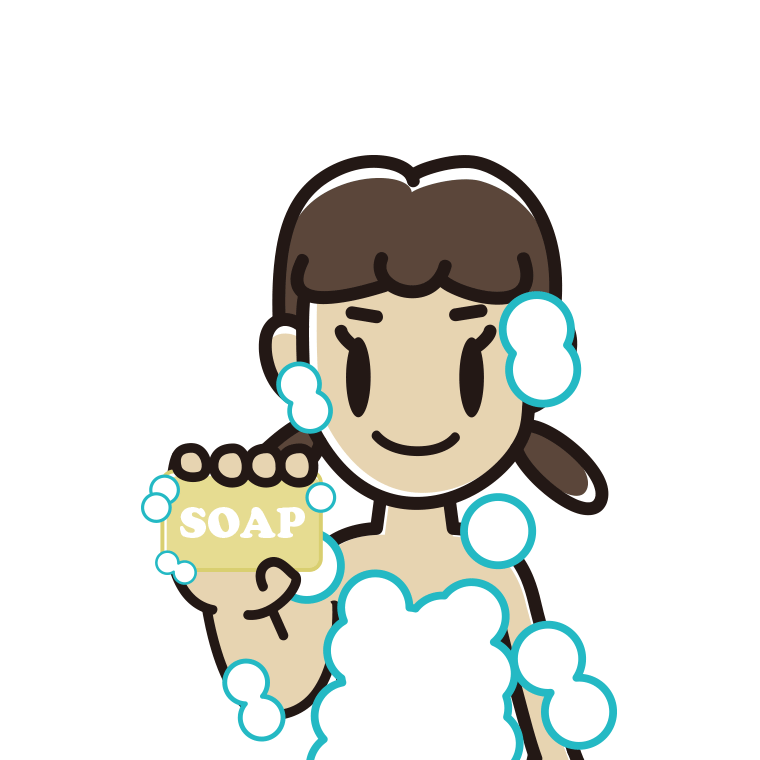 お風呂で石鹸を使う女子中学生のイラスト【色あり、背景なし】透過PNG