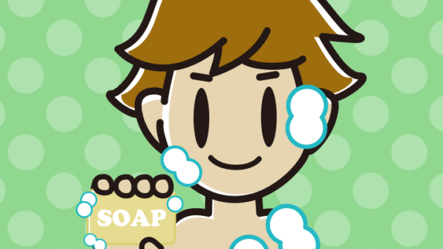 お風呂で石鹸を使う男子高校生のイラスト【色、背景あり】PNG
