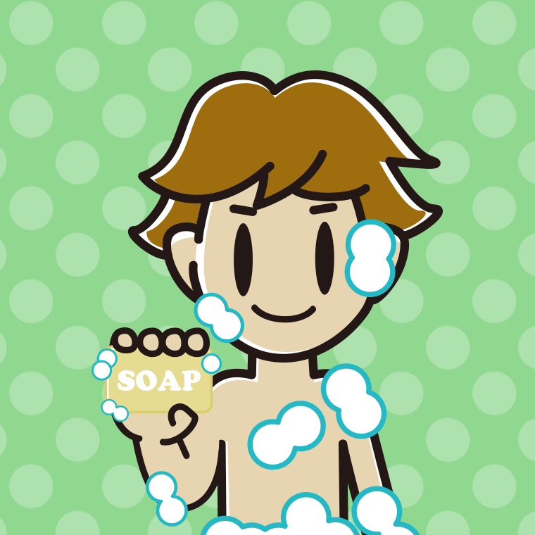 お風呂で石鹸を使う男子高校生のイラスト【色、背景あり】PNG