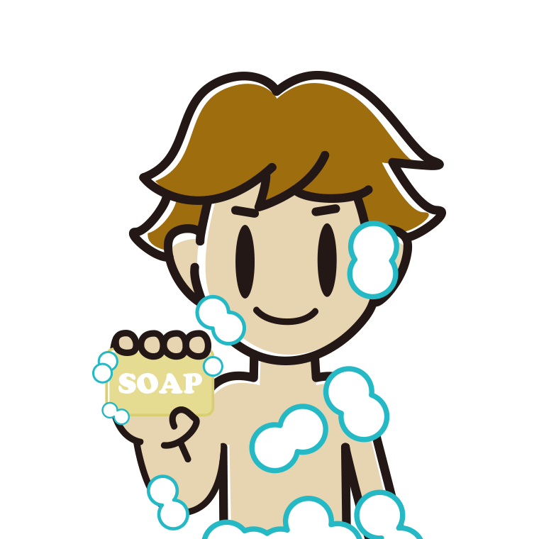 お風呂で石鹸を使う男子高校生のイラスト【色あり、背景なし】透過PNG