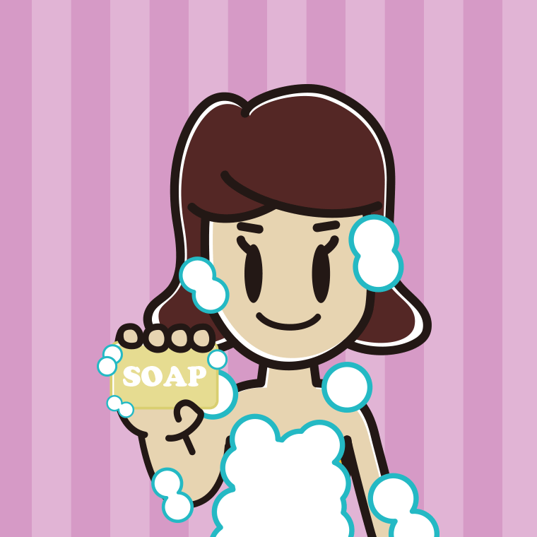 お風呂で石鹸を使う女子高校生のイラスト【色、背景あり】PNG