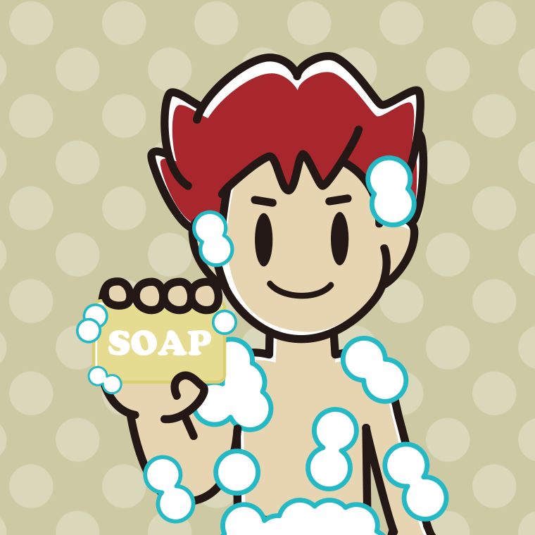 お風呂で石鹸を使う男子大学生のイラスト【色、背景あり】PNG