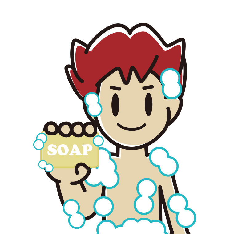 お風呂で石鹸を使う男子大学生のイラスト【色あり、背景なし】透過PNG