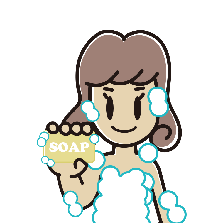お風呂で石鹸を使う女子大学生のイラスト【色あり、背景なし】透過PNG