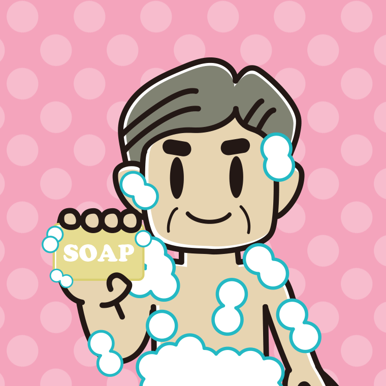 お風呂で石鹸を使うおじさんのイラスト【色、背景あり】PNG