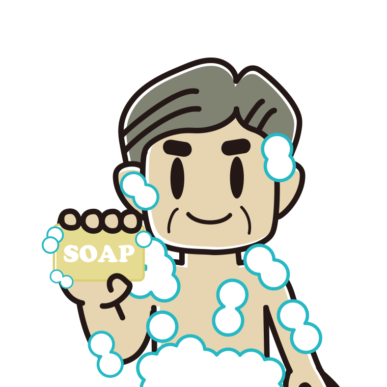 お風呂で石鹸を使うおじさんのイラスト【色あり、背景なし】透過PNG