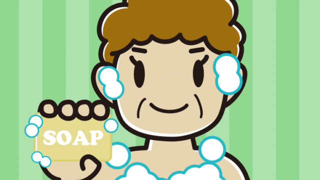 お風呂で石鹸を使うおばさんのイラスト【色、背景あり】PNG