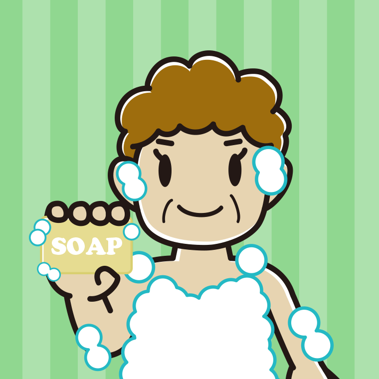 お風呂で石鹸を使うおばさんのイラスト【色、背景あり】PNG