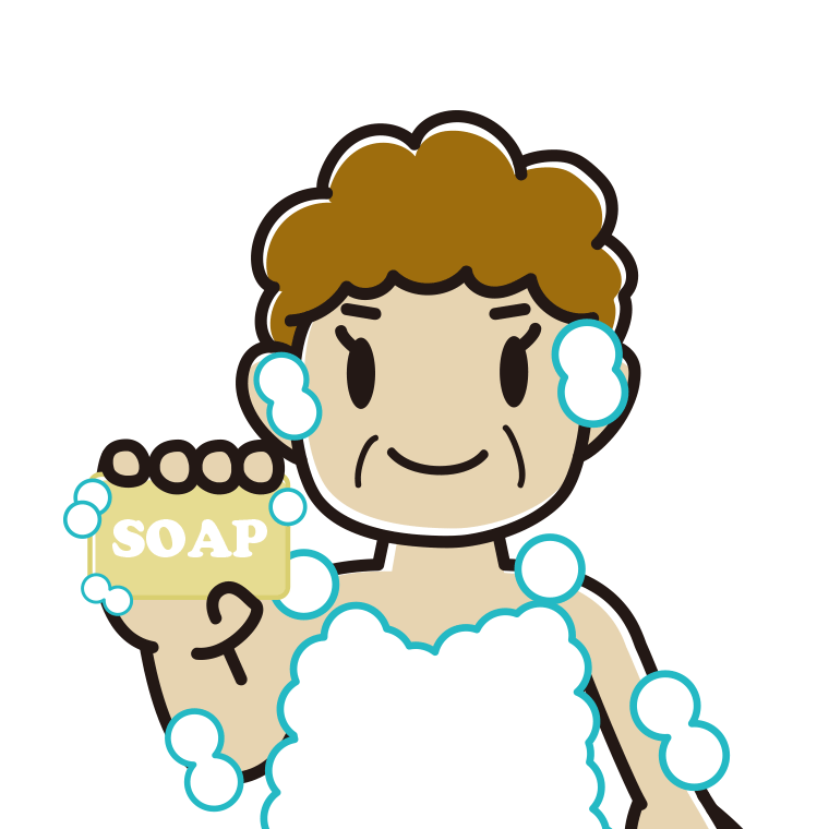 お風呂で石鹸を使うおばさんのイラスト【色あり、背景なし】透過PNG